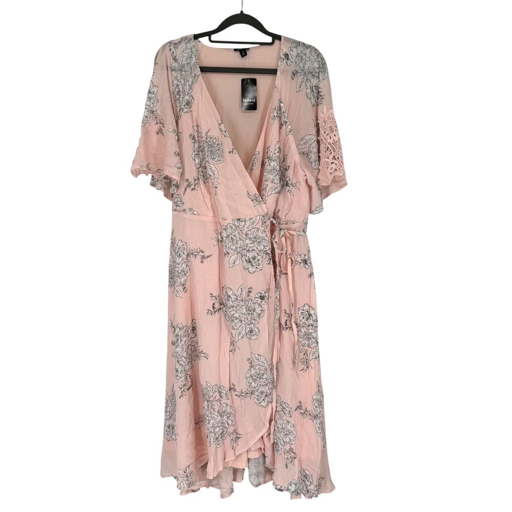 Torrid Floral Wrap Midi Dress 2X Pink Lace Flutter Sleeve Challis Lined Boho NWT - Picture 2 of 11